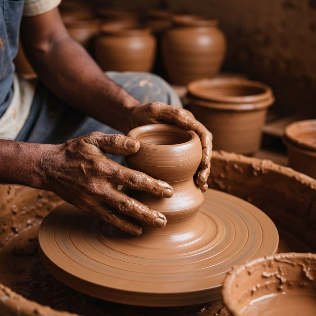 Artisan molding pottery on the wheel