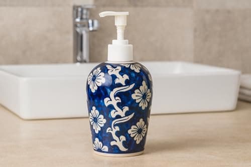 Royal Blue Floral Ceramic Liquid soap Dispenser 500ml Handmade Hand wash Bottle for Bathroom Kitchen Sink wash Basin Shampoo Lotion Dispenser Ideal for Decor Daily use & Gift - 2