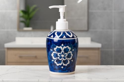 Royal Blue Flower Ceramic Liquid soap Dispenser 500ml Handmade Hand wash Bottle for Bathroom Kitchen Sink wash Basin Shampoo Lotion Dispenser Ideal for Decor Daily use & Gift. - 4