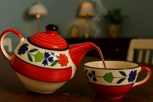 Bloomberry Red Ceramic Tea Pot Kettle with Cup Milk hot Water Cup with Handle teapot Set of 1 Coffee chai Kettle 300ml Masala chai Green Tea Ideal serveware for Gifting. - 2