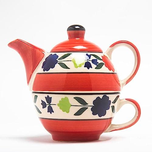 Bloomberry Red Ceramic Tea Pot Kettle with Cup Milk hot Water Cup with Handle teapot Set of 1 Coffee chai Kettle 300ml Masala chai Green Tea Ideal serveware for Gifting. - 3