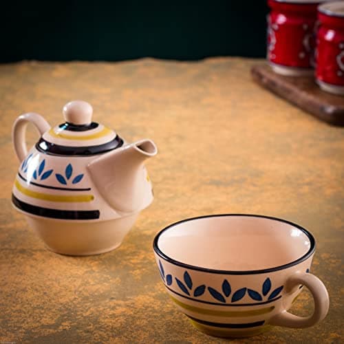 Lemon Leaf Bloom Ceramic Tea Pot Kettle with Cup Milk hot Water Cup with Handle teapot Set of 1 Coffee chai Kettle 300ml Masala chai Green Tea Ideal serveware for Gifting. - 2