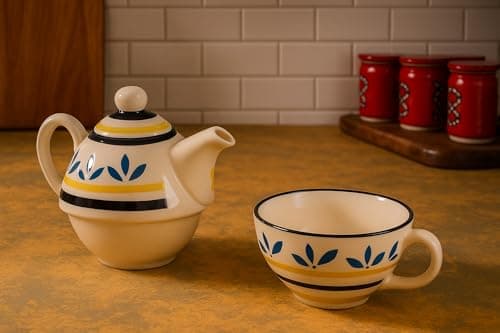 Lemon Leaf Bloom Ceramic Tea Pot Kettle with Cup Milk hot Water Cup with Handle teapot Set of 1 Coffee chai Kettle 300ml Masala chai Green Tea Ideal serveware for Gifting. - 4
