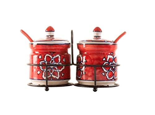 Ceramic Jar Set with Iron Stand, 2 Spoon & Matching Lid for Storage Pickle (Red), 300 ML - 3
