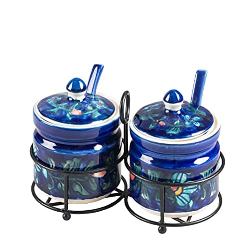 Midnight Flora Ceramic Pickle Jar Set With Iron Stand Of 2(300 ml Each) Multipurpose Container Salt Sugar Spices Ceramic Jar Ideal For kitchen storage Gifting. - 3