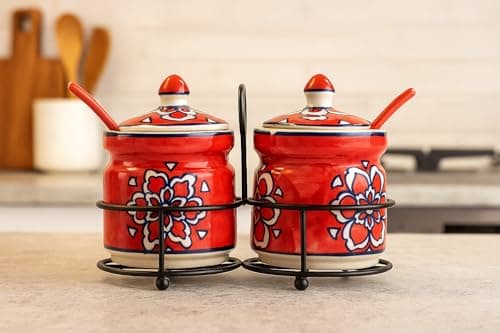 Ceramic Jar Set with Iron Stand, 2 Spoon & Matching Lid for Storage Pickle (Red), 300 ML - 5