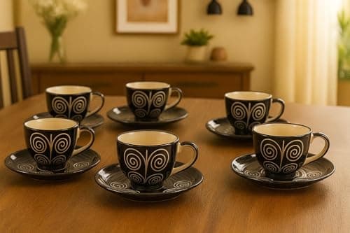 Midnight Spiral Ceramic Cup and Saucer Set of 12(130ml) Tea Coffee Cups for Morning & Evening Tea Sets Kitchen Tableware Ideal for Daily use Home & Office and Gifting. - 2