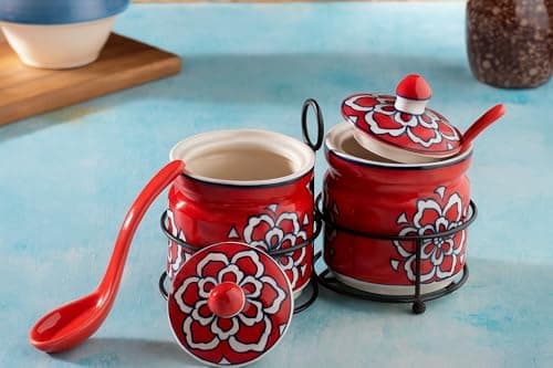 Ceramic Jar Set with Iron Stand, 2 Spoon & Matching Lid for Storage Pickle (Red), 300 ML - 4