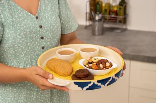 Hand Painted Ceramic Serving Sizzler Tray Microwave Safe Set (9.5 Inch, Blue, Yellow) - 2