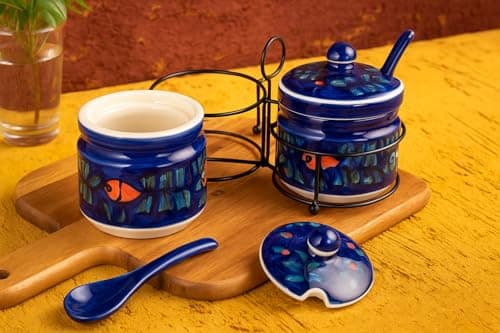 Midnight Flora Ceramic Pickle Jar Set With Iron Stand Of 2(300 ml Each) Multipurpose Container Salt Sugar Spices Ceramic Jar Ideal For kitchen storage Gifting. - 2