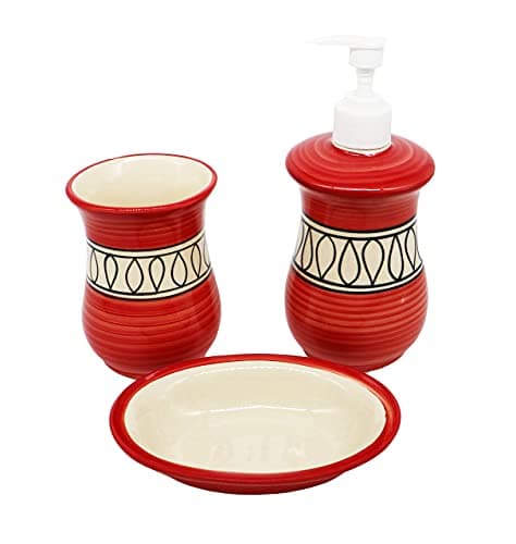 Red Rhythm Ceramic Bathroom Sets 3 Pieces Accessories kit with Soap Dish, Tumbler and dispensers for Hand wash Liquid soap Ideal for Bathroom décor & Gift - 3