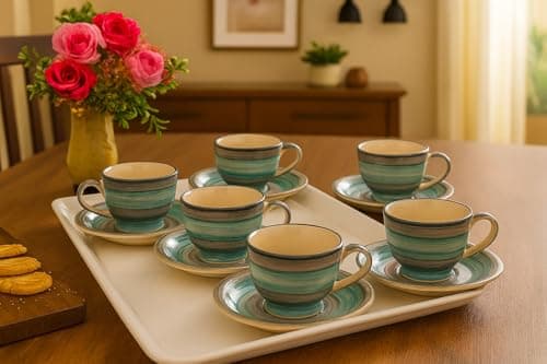 Aqua Mist Ceramic Cup and Saucer Set of 12(130ml) Tea Coffee Cups for Morning & Evening Tea Handmade chai Sets Kitchen Tableware Ideal for Daily use Home & Office and Gifting. - 3