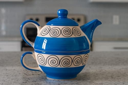 Blue Spiral Ceramic Tea Pot Kettle with Cup Milk hot Water Cup with Handle teapot Set of 1 Coffee chai Kettle 300ml Masala chai Green Tea Ideal serveware for Gifting. - 3