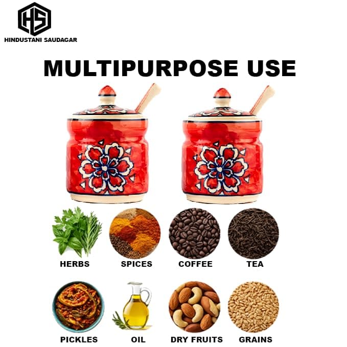 Ceramic Jar Set with Iron Stand, 2 Spoon & Matching Lid for Storage Pickle (Red), 300 ML - 6