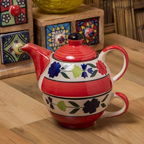 Bloomberry Red Ceramic Tea Pot Kettle with Cup Milk hot Water Cup with Handle teapot Set of 1 Coffee chai Kettle 300ml Masala chai Green Tea Ideal serveware for Gifting. - 4