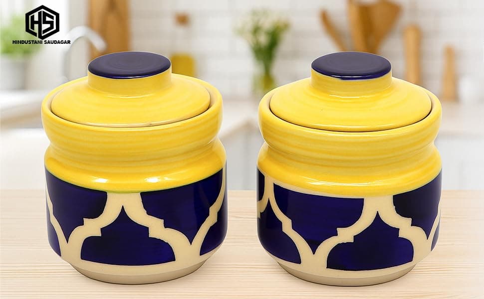 Ceramic Blue Umrao Pickle Jar Set of 2(300ml each) Multipurpose Jar for Ghee, Sauces, Kitchen Jar and Dining Table - 2