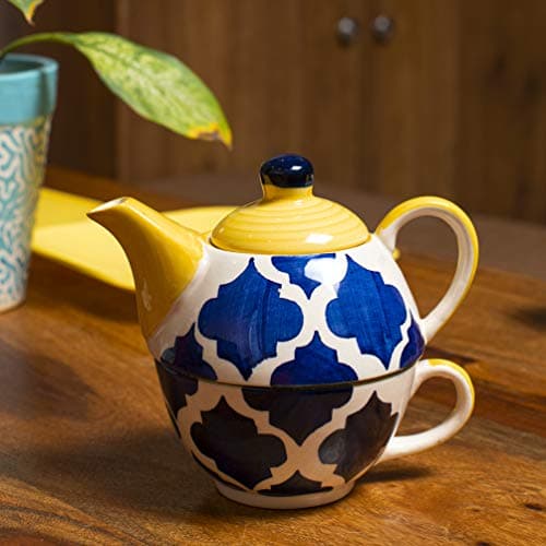 Blue Umrao Ceramic Tea Pot Kettle with Cup Milk hot Water Cup with Handle teapot Set of 1 Coffee chai Kettle 300ml Masala chai Green Tea Ideal serveware for Gifting. - 4