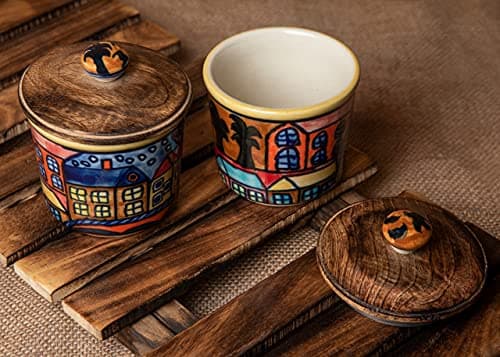 Hueheaven Ceramic Airtight Jar Set Of 2(300 ml Each) Multipurpose Container Salt Sugar Spices Ceramic Jar with Lid Chutney Jar Dining Table Ideal For kitchen storage Gifting. - 2