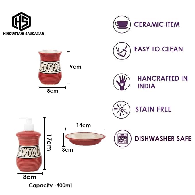 Red Rhythm Ceramic Bathroom Sets 3 Pieces Accessories kit with Soap Dish, Tumbler and dispensers for Hand wash Liquid soap Ideal for Bathroom décor & Gift - 4