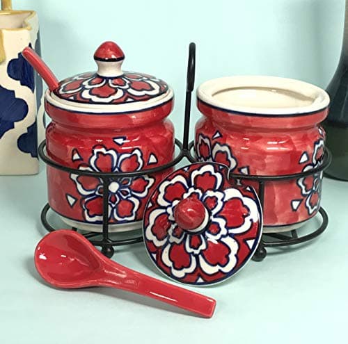 Ceramic Jar Set with Iron Stand, 2 Spoon & Matching Lid for Storage Pickle (Red), 300 ML - 2