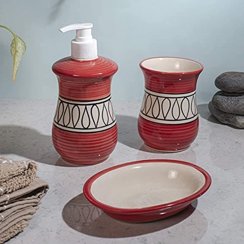 Red Rhythm Ceramic Bathroom Sets 3 Pieces Accessories kit with Soap Dish, Tumbler and dispensers for Hand wash Liquid soap Ideal for Bathroom décor & Gift - 2