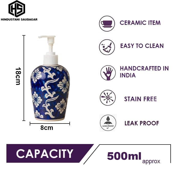 Royal Blue Floral Ceramic Liquid soap Dispenser 500ml Handmade Hand wash Bottle for Bathroom Kitchen Sink wash Basin Shampoo Lotion Dispenser Ideal for Decor Daily use & Gift - 4