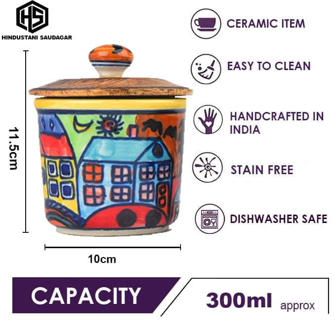 Hueheaven Ceramic Airtight Jar Set Of 2(300 ml Each) Multipurpose Container Salt Sugar Spices Ceramic Jar with Lid Chutney Jar Dining Table Ideal For kitchen storage Gifting. - 4