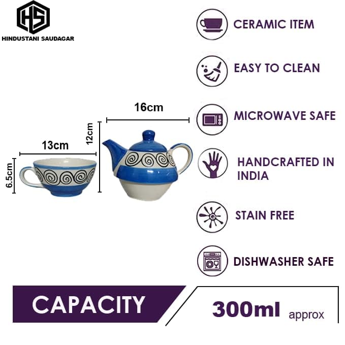 Blue Spiral Ceramic Tea Pot Kettle with Cup Milk hot Water Cup with Handle teapot Set of 1 Coffee chai Kettle 300ml Masala chai Green Tea Ideal serveware for Gifting. - 4