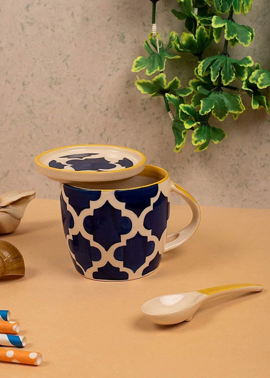 Blue Umrao Cup & Coaster Set of 1 (330 ML Each) Microwave Safe Coffee Mugs Ceramic Milk Mug Ceramic Tea Mug Set Handmade Cup Best for Gift.