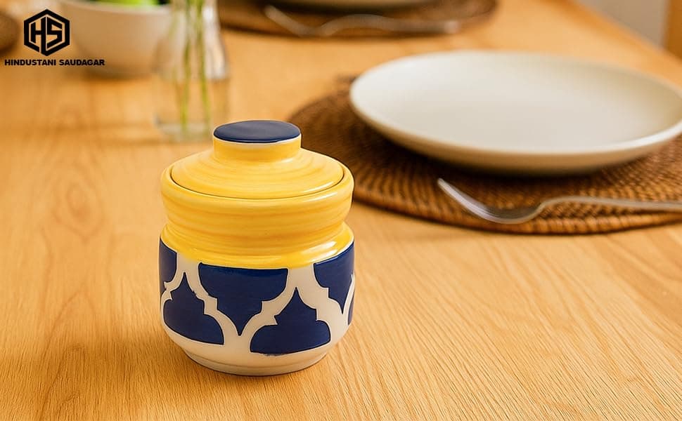 Ceramic Blue Umrao Pickle Jar Set of 2(300ml each) Multipurpose Jar for Ghee, Sauces, Kitchen Jar and Dining Table - 3