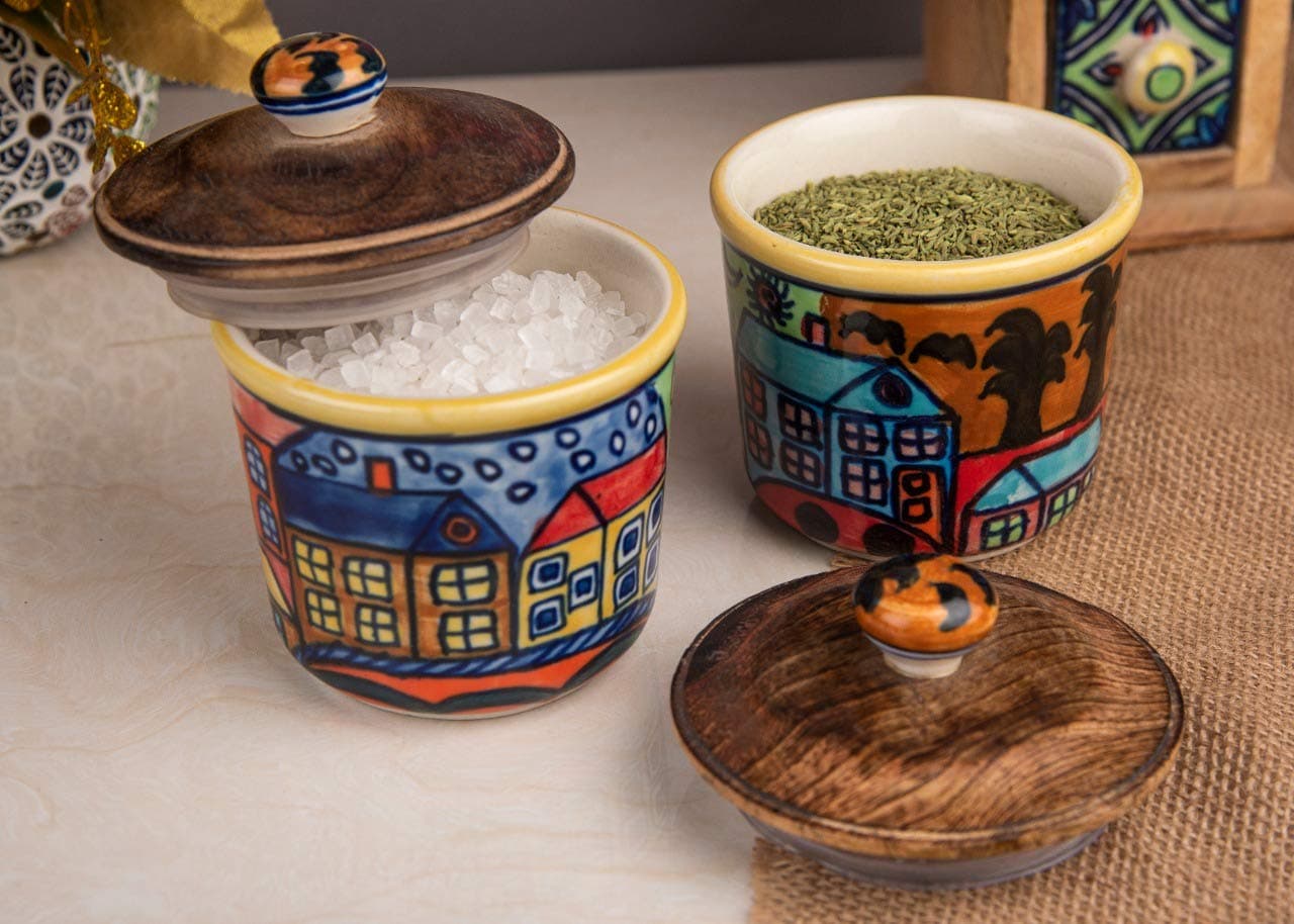 Hueheaven Ceramic Airtight Jar Set Of 2(300 ml Each) Multipurpose Container Salt Sugar Spices Ceramic Jar with Lid Chutney Jar Dining Table Ideal For kitchen storage Gifting.