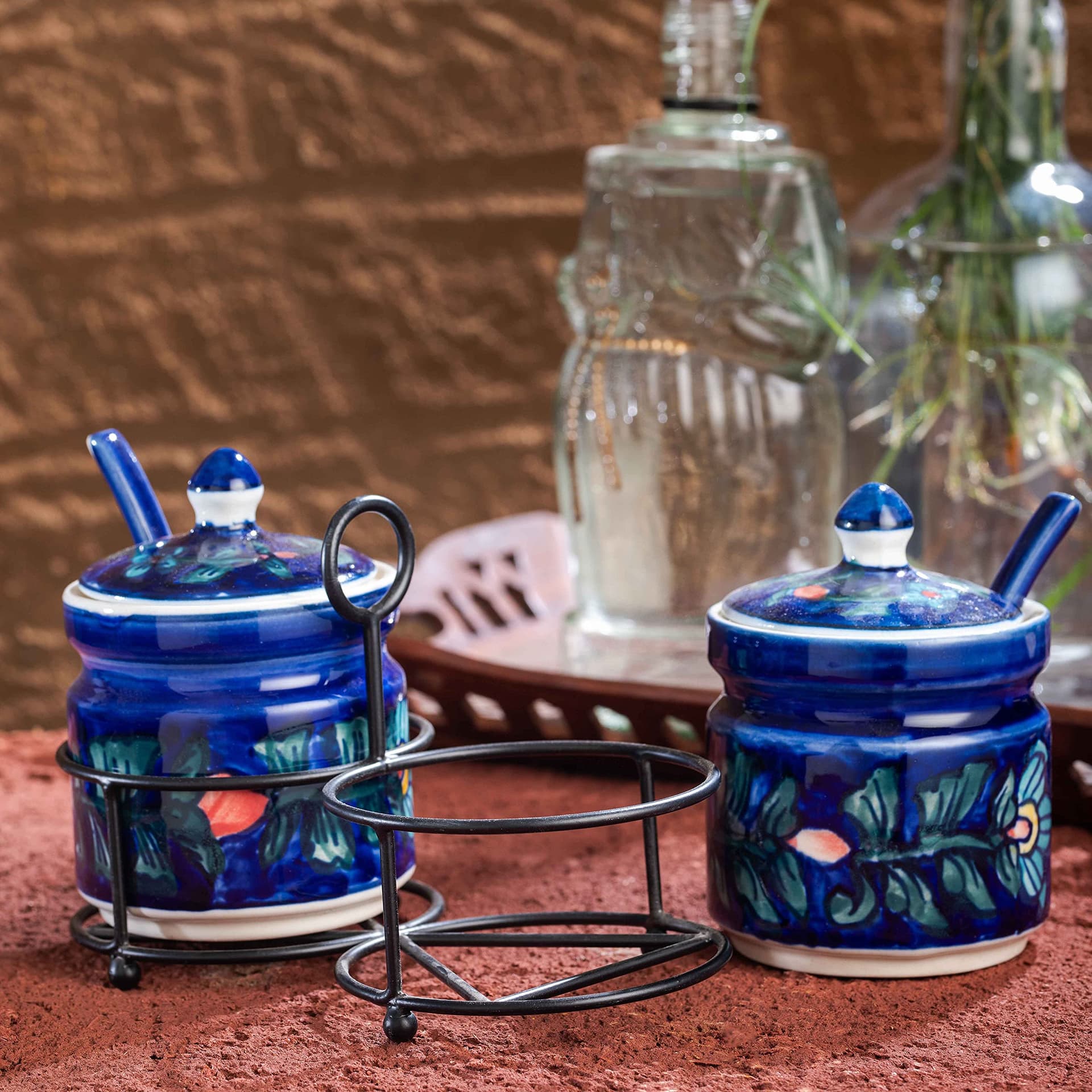 Midnight Flora Ceramic Pickle Jar Set With Iron Stand Of 2(300 ml Each) Multipurpose Container Salt Sugar Spices Ceramic Jar Ideal For kitchen storage Gifting.
