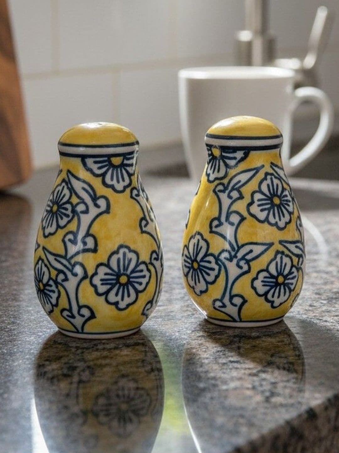 Yellow Petal Salt and Pepper Ceramic Salt Shaker dispensers Set of 2(130ml Each) Spice Container & Sprinkler for Dinning Table Kitchen Ideal for Home Daily use and Gifting.