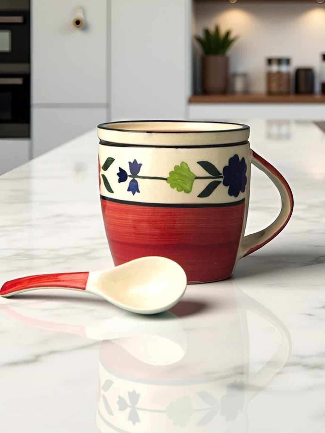 Red Patti Cup & Coaster Set of 1 (330 ML Each) Microwave Safe Coffee Mug Ceramic Milk Mugs Ceramic Tea Mug Set Handmade Cup Best for Gift.