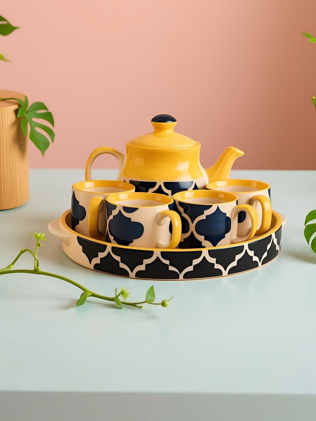Microwave Safe Hand Made Handpainted 4 Cups 1 Tray Tea Kettle Set Excellent Gift For Any Occasion
