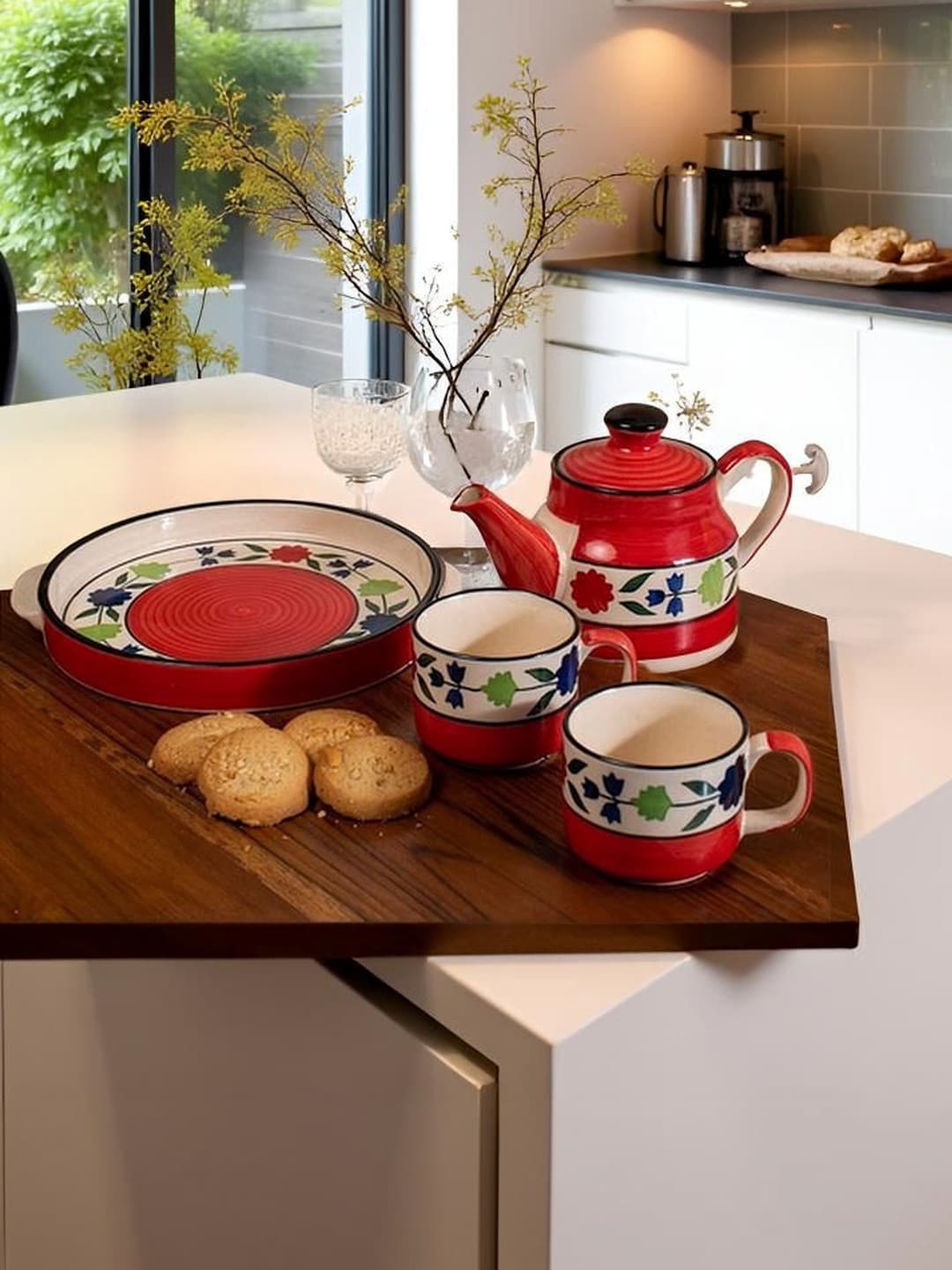 Microwave Safe Hand Made Painted Ceramic Tea Kettle Set with 2 Cups Capacity of 120Ml Red Colour