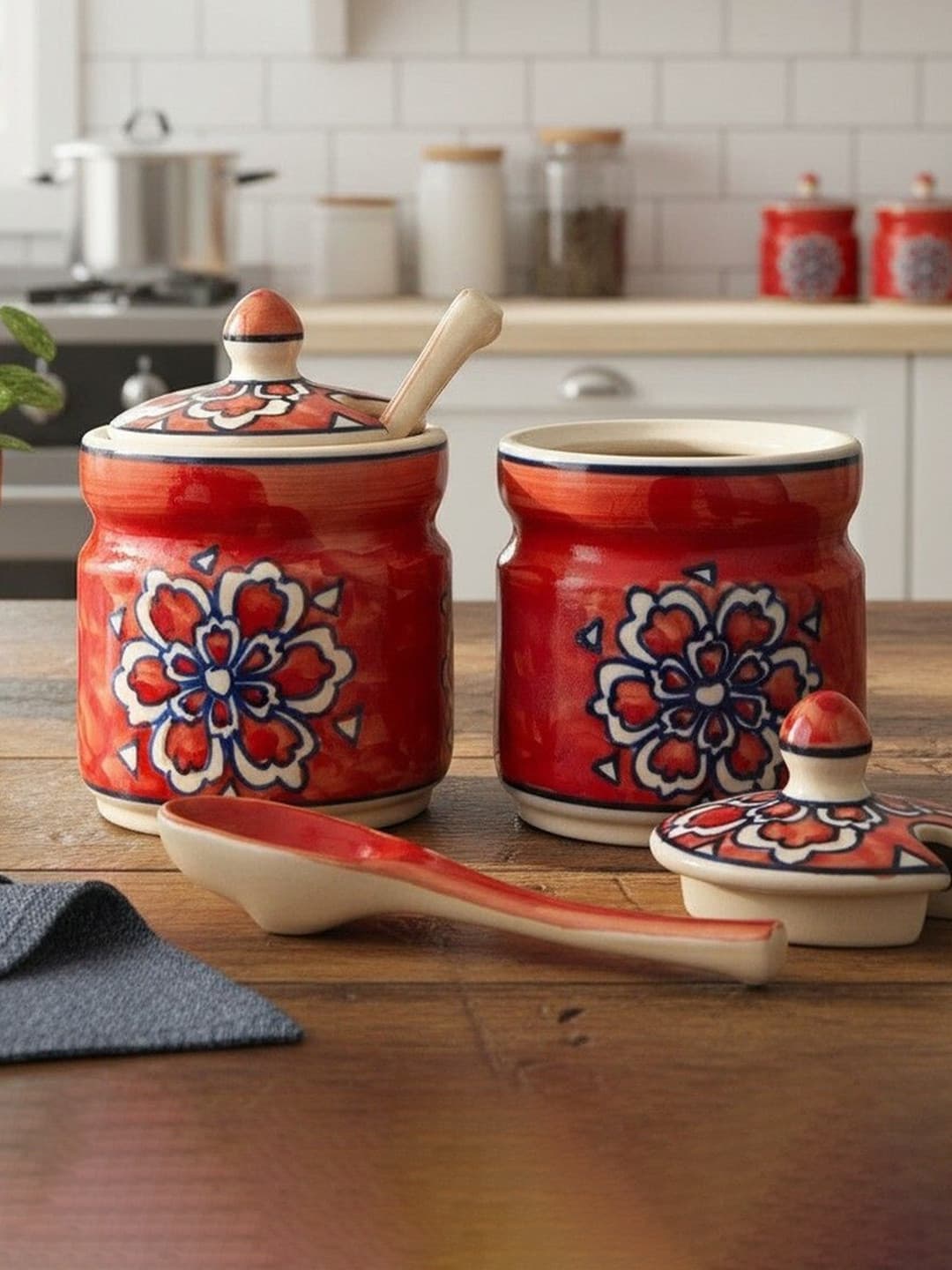 Crimora Craft Ceramic Pickle Jar Set Of 2(300 ml Each) Multipurpose Container Salt Sugar Spices Ceramic Jar with Lid Chutney Jar Dining Table Ideal For kitchen storage Gifting.