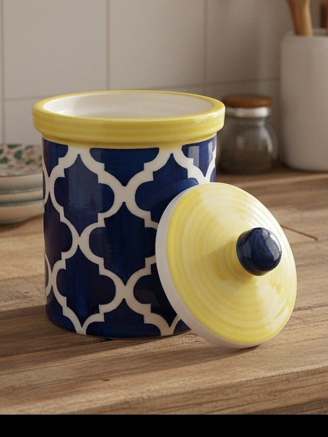 Blue Umrao Ceramic Pickle Jar Set Of 1(750ml each) Multipurpose Container Salt Sugar Spices Ceramic Jar with Lid Chutney Jar Dining Table Ideal For kitchen storage Gifting