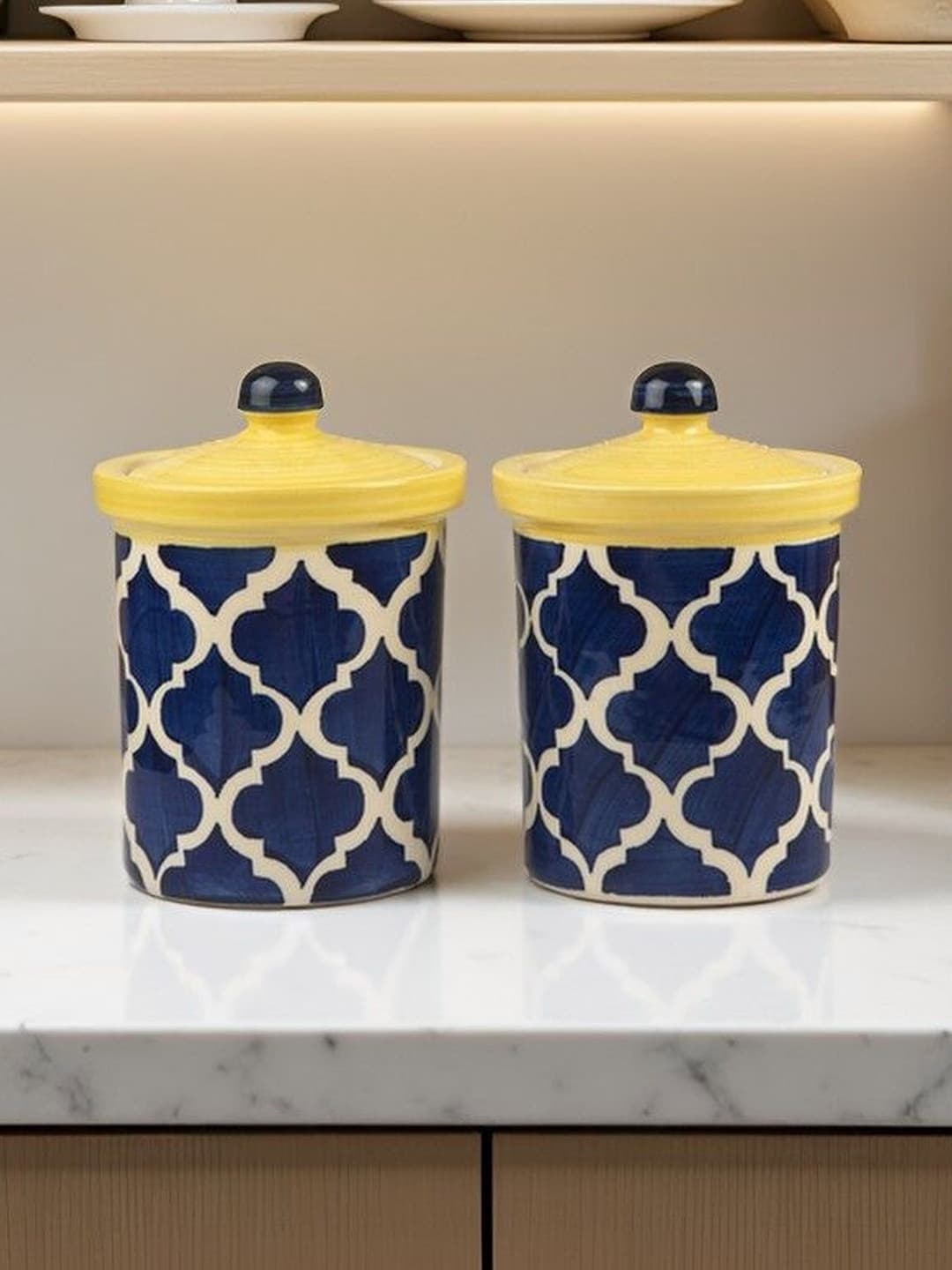 Blue Umrao Ceramic Pickle Jar Set Of 2(750 ml Each) Multipurpose Container Salt Sugar Spices Ceramic Jar with Lid Chutney Jar Dining Table Ideal For kitchen storage Gifting