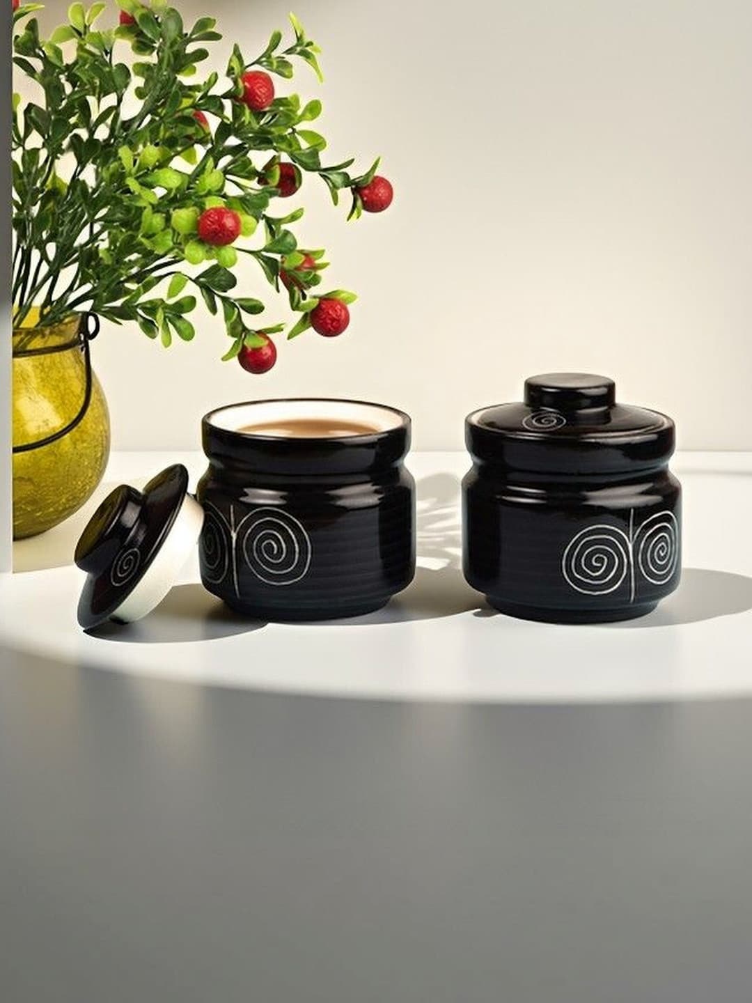 Midnight Spiral Ceramic Pickle Jar Set Of 2(300 ml Each) Multipurpose Container Salt Sugar Spices Ceramic Jar with Lid Chutney Dining Table Ideal For kitchen storage Gifting