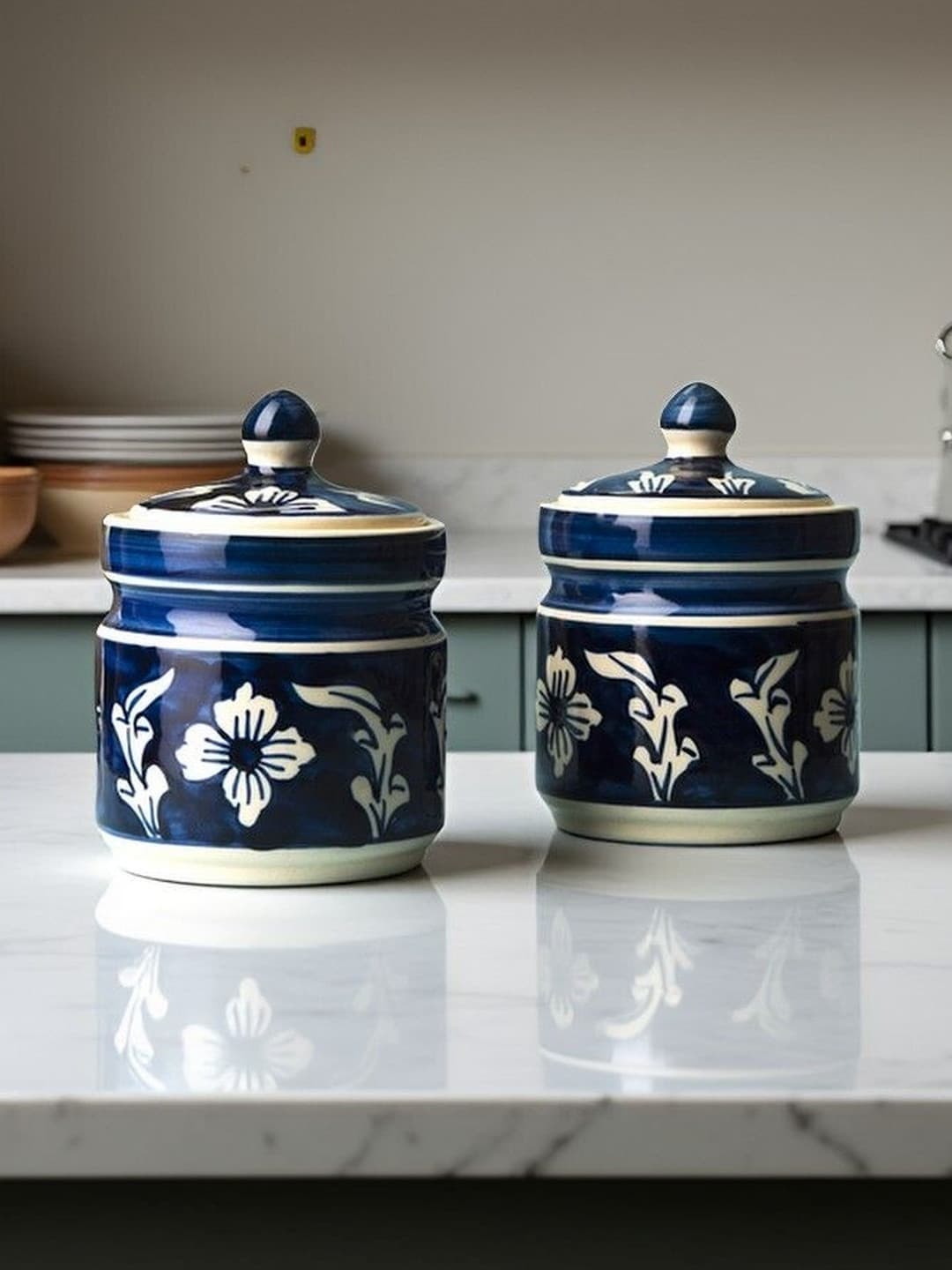 Indigo Bloom Ceramic Pickle Jar Set Of 2(300 ml Each) Multipurpose Container Salt Sugar Spices Ceramic Jar with Lid Chutney Jar Dining Table Ideal For kitchen storage Gifting