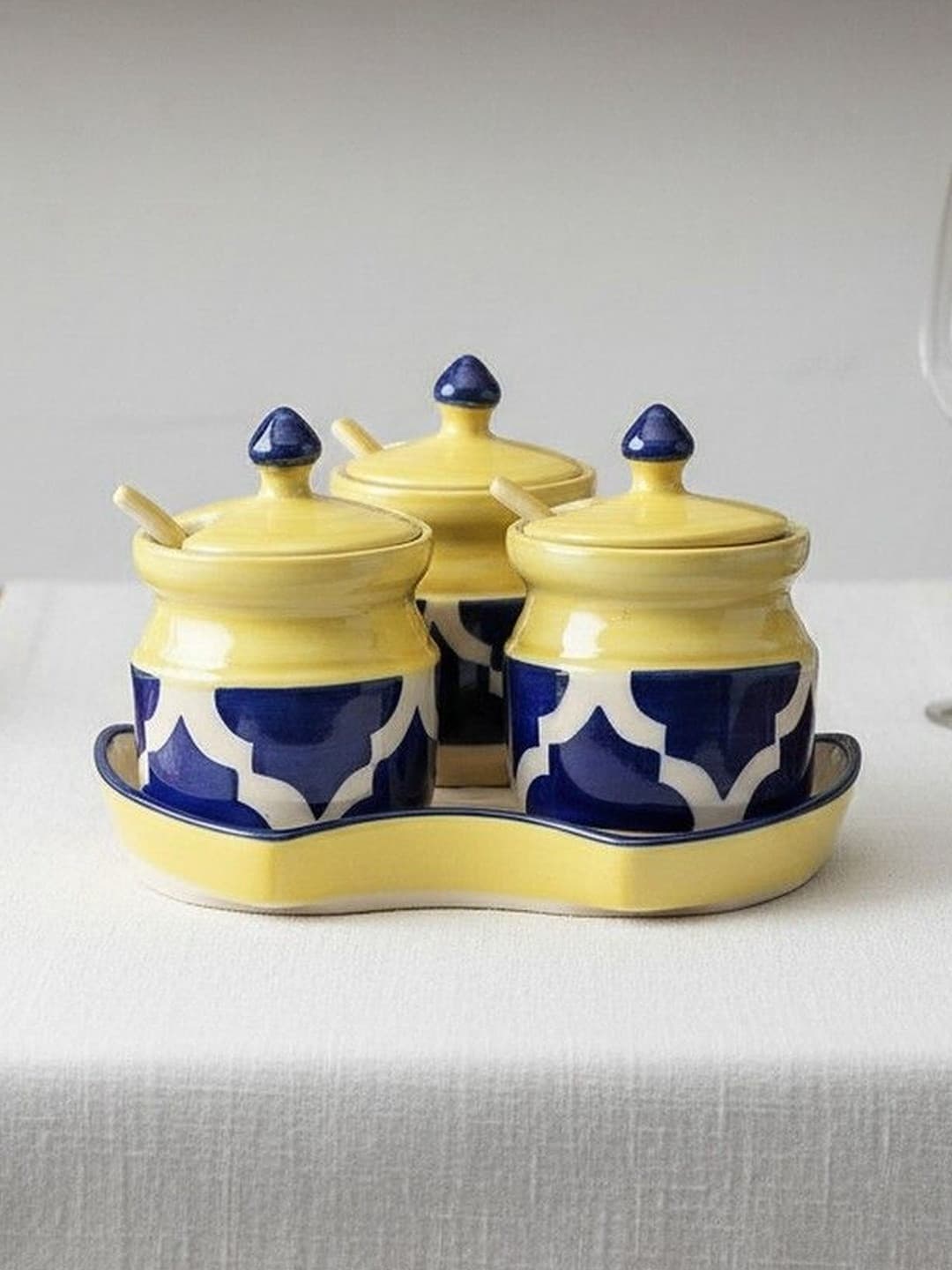 Blue & Yellow Ceramic Hand Painted Table Top Jars Set (3 Jars with 3 lids, 1 tray with 3 spoons) for Kitchen/Dinning Table/Chatni/Spices/Storage 140 ml each