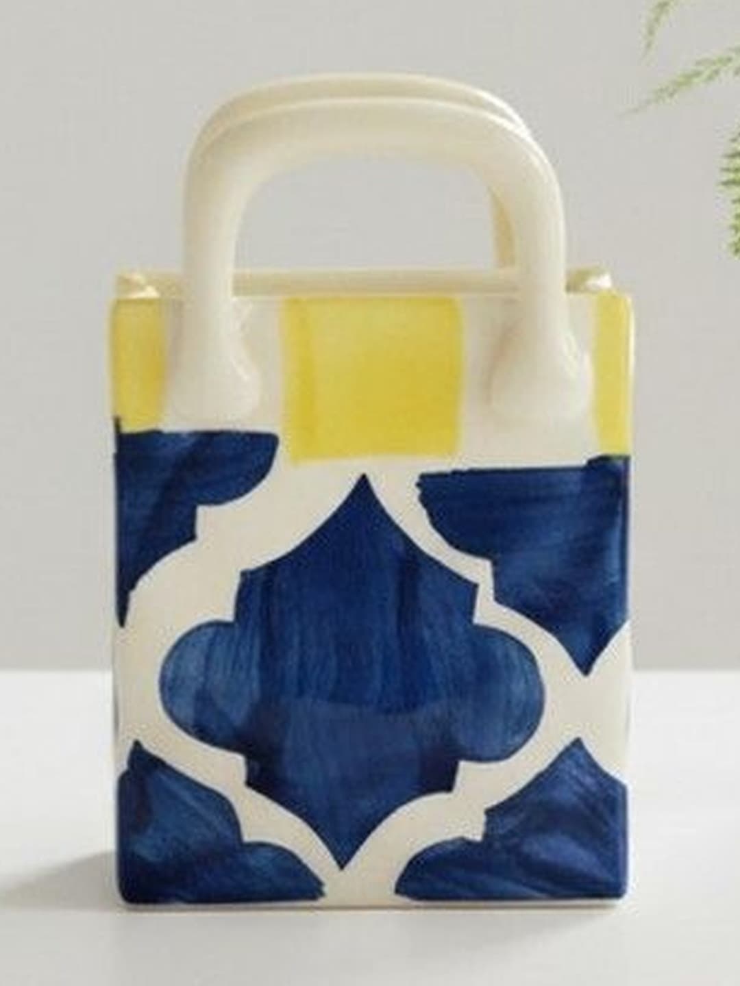 Handpainted Ceramic Small Cutlery Holder Set of 1, Blue & Yellow