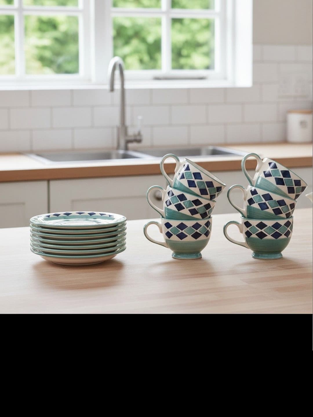 Aqua Blossom Ceramic Cup and Saucer Set of 12(130ml) Tea Coffee Cups for Morning & Evening Tea Handmade Sets Kitchen Tableware Ideal for Daily use Home & Office and Gifting.