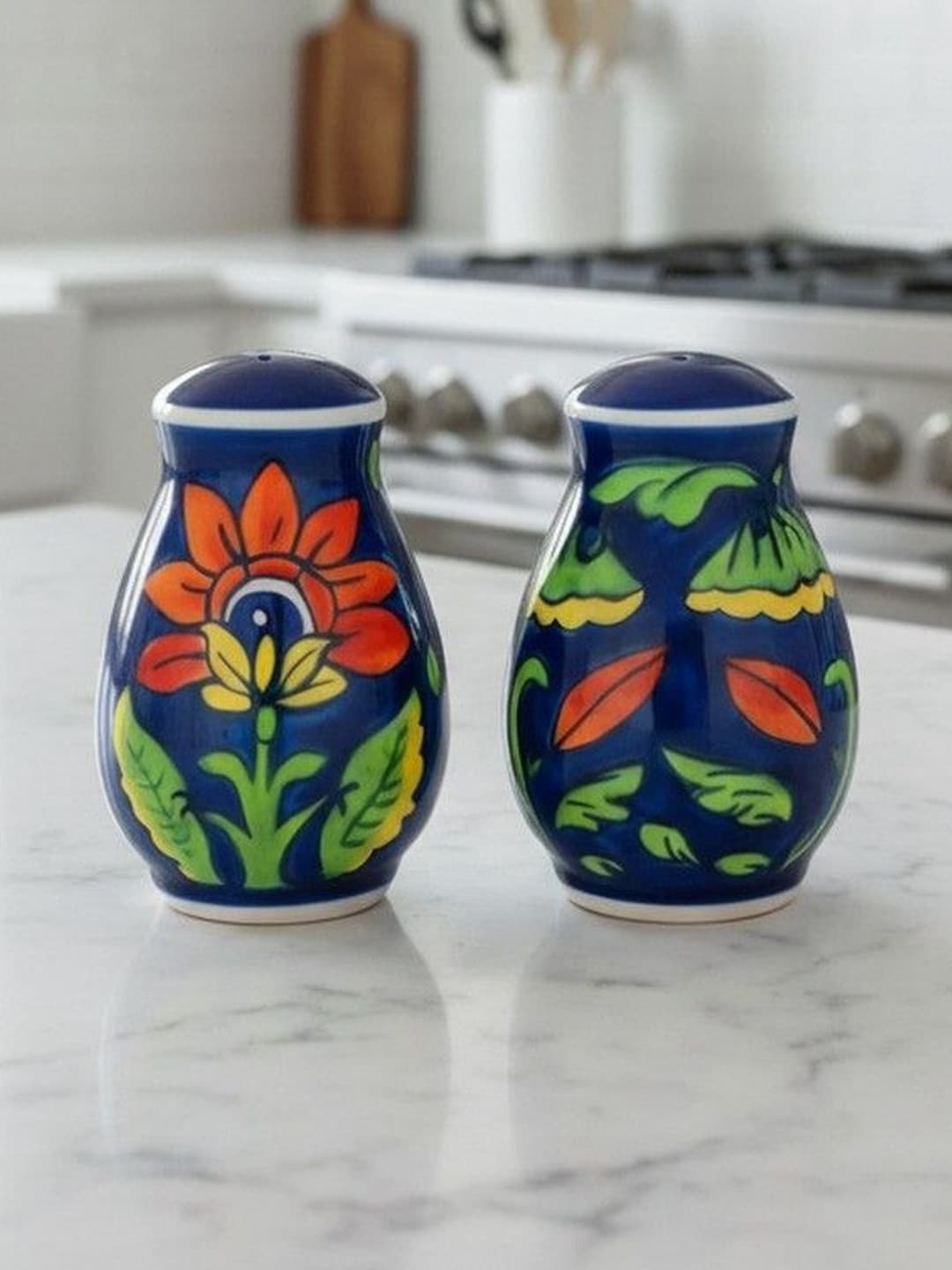 Phoolwari Salt and Pepper Ceramic Salt Shaker dispensers Set of 2(130ml Each) Spice Container & Sprinkler for Dinning Table Kitchen café Ideal for Home and Gifting.