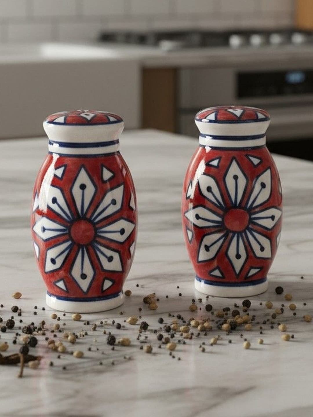 Red Flower Salt and Pepper Ceramic Salt Shaker Set of 2(50ml Each) Spice Container & Sprinkler for Dinning Table Kitchen Office &café Ideal for Home Daily use and Gifting.
