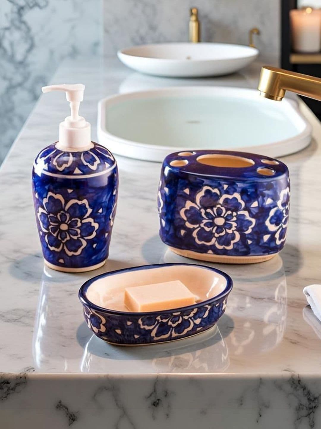 Hand Painted Ceramic Blue Floral Bathroom Set of 3