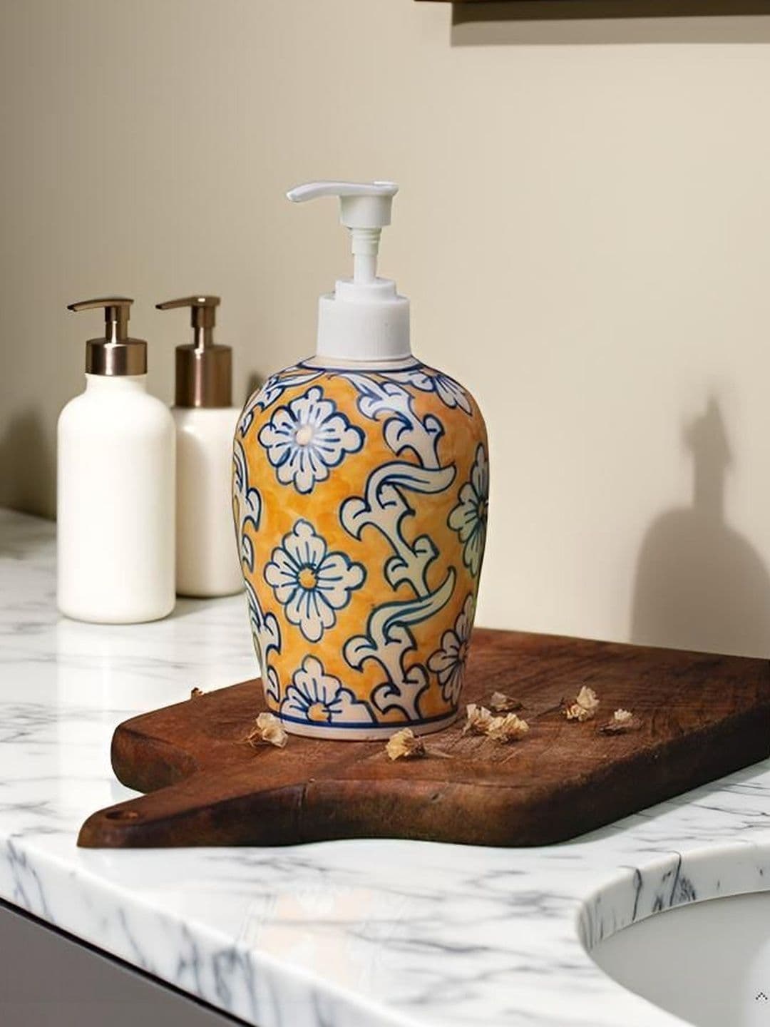 Yellow Flower Ceramic Liquid soap Dispenser 500ml Handmade Hand wash Bottle for Bathroom Kitchen Sink wash Basin Shampoo Lotion Dispenser Ideal for Decor Daily use & Gift.