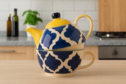Blue Umrao Ceramic Tea Pot Kettle with Cup Milk hot Water Cup with Handle teapot Set of 1 Coffee chai Kettle 300ml Masala chai Green Tea Ideal serveware for Gifting.