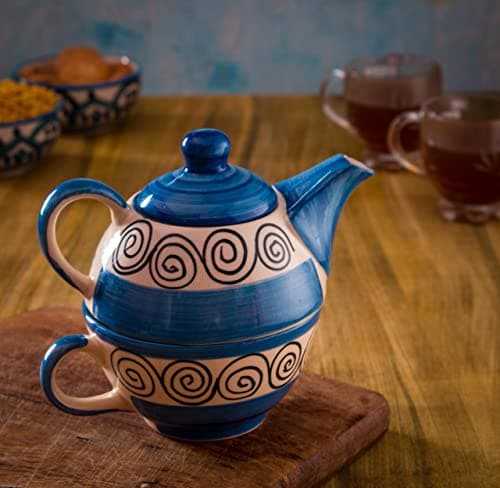 Blue Spiral Ceramic Tea Pot Kettle with Cup Milk hot Water Cup with Handle teapot Set of 1 Coffee chai Kettle 300ml Masala chai Green Tea Ideal serveware for Gifting.